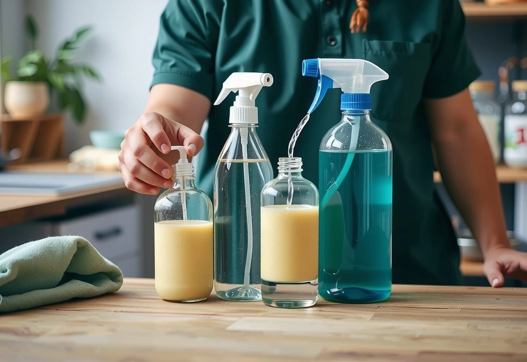 Manos de un profesional de limpieza preparando productos ecológicos